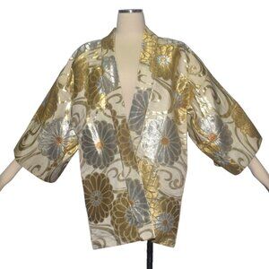 Vintage 50s 60s Gold Silver Metallic Floral Short Kimono Jacket Tokyo XL As Is